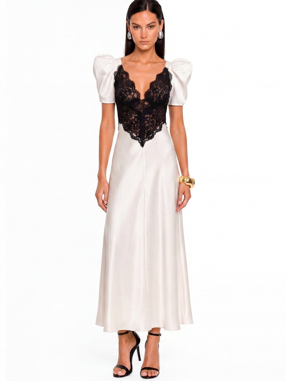 Elegant Ivory Maxi Dress with Black Lace Bodice